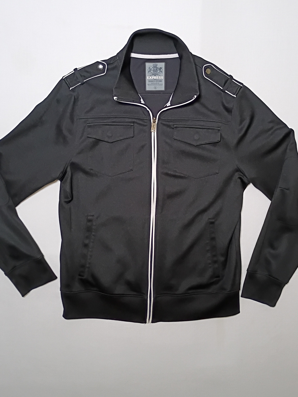 Express Mens Military Style Mock Track Jacket Large Black Full Zip